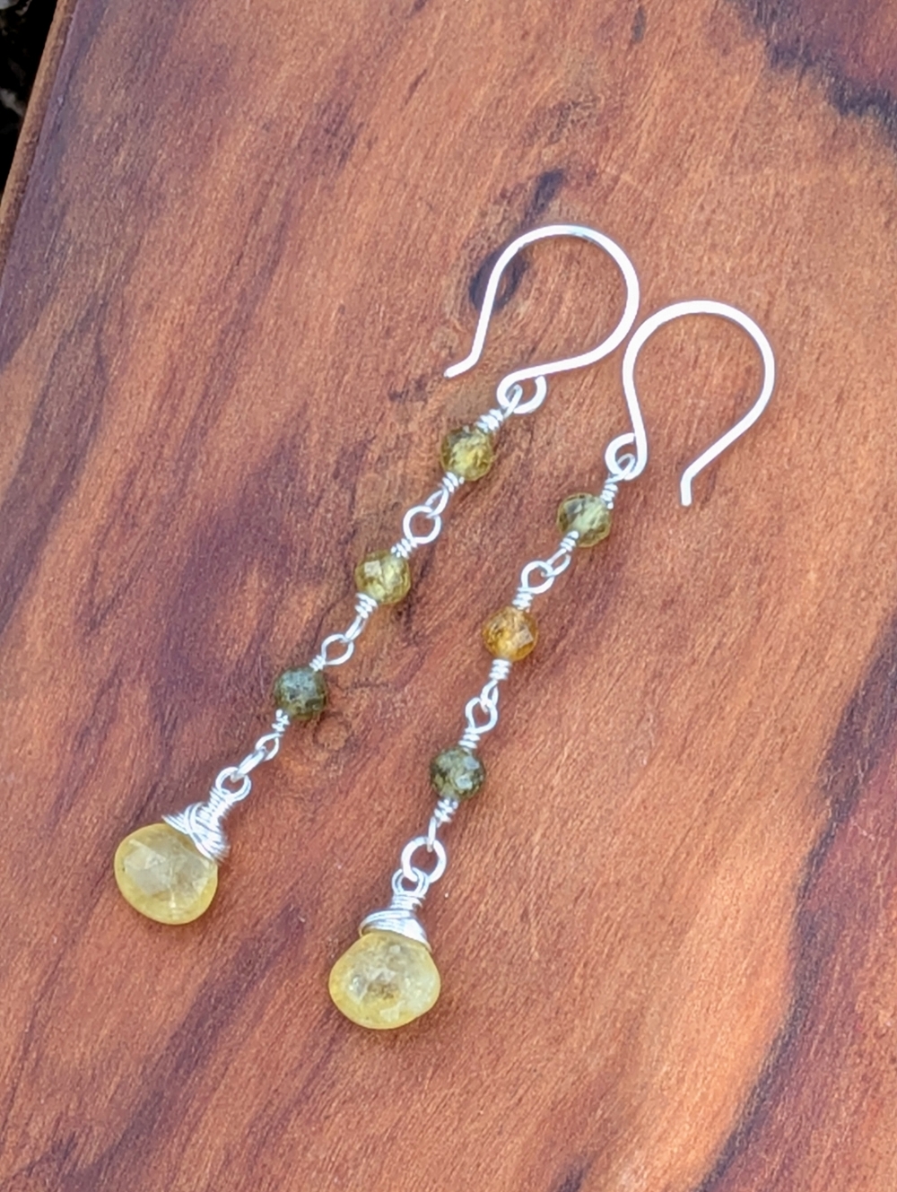 Earthy Green Garnet Earrings Dainty Sterling Silver Elegant Dangle Drop - Picture 4 of 12
